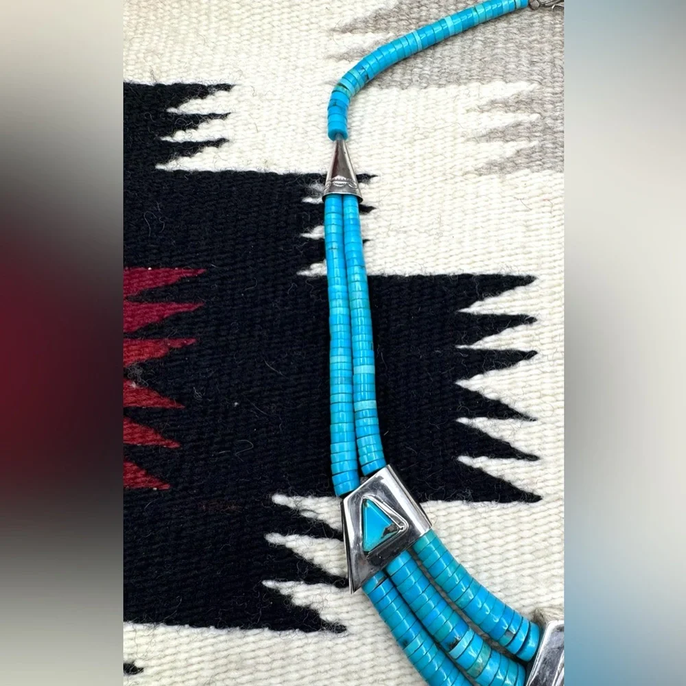 Santo Domingo Native American Sterling Silver Turquoise Cross Pendant Necklace - Picture 4 of 7